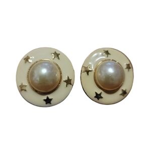 Vintage Pearl Clip On Earrings Gold Tone Star Detail Round Stud Retro